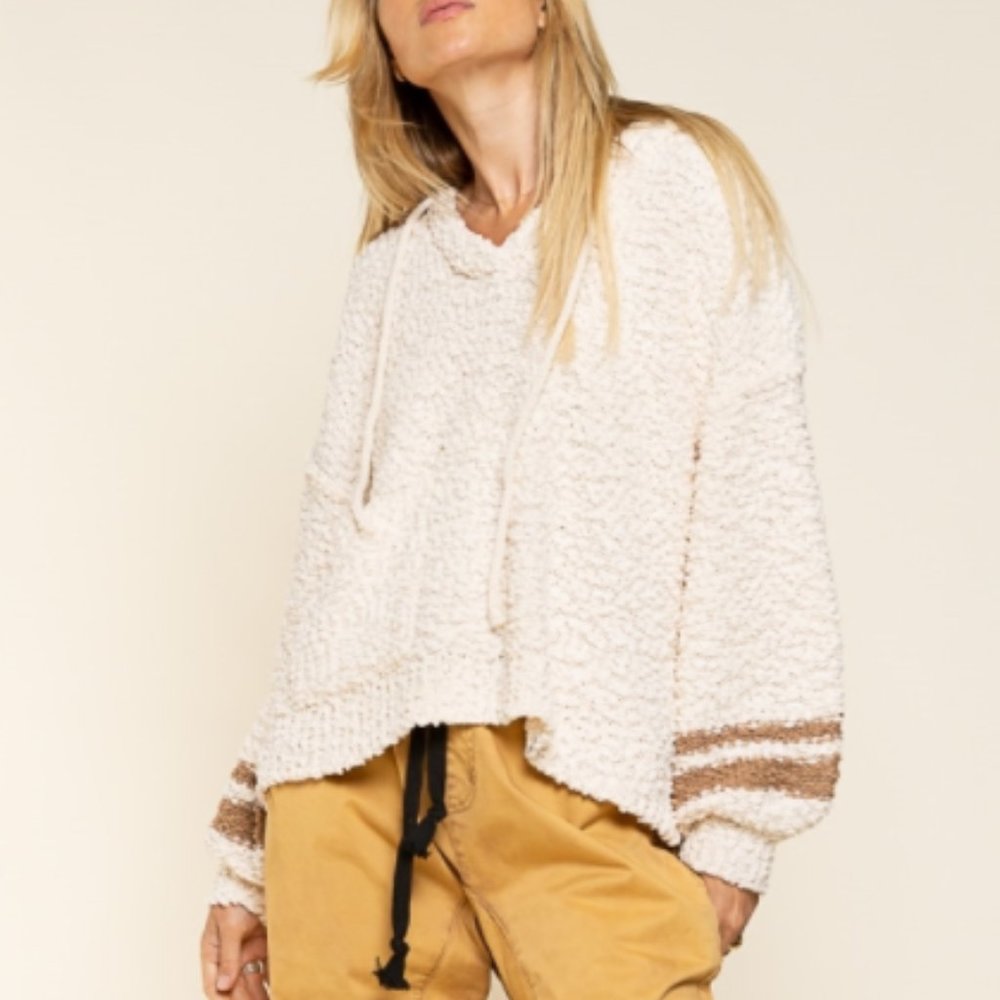 Cream Knit Hoodie with Sport Stripe